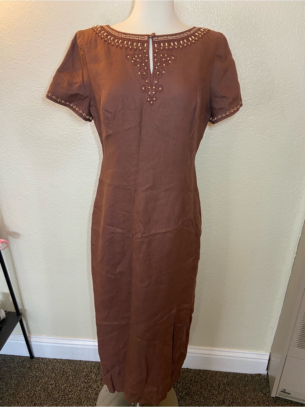 MAGGY LONDON, Women's Brown Short-Sleeve maxi Dress, size:10 100%linen - Picture 2 of 10